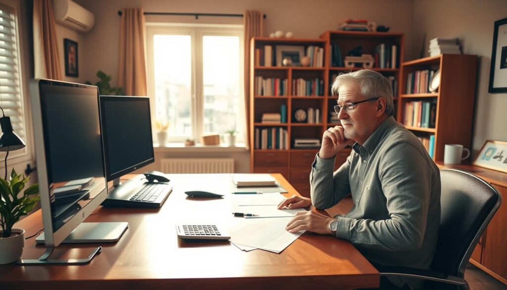 A spacious home office with a large wooden desk, a modern computer setup, and a well-organized bookshelf in the background. Warm, natural lighting filters in through a window, casting a soft glow over the scene. On the desk, a calculator, some financial documents, and a thoughtful expression on the face of the person working. The overall atmosphere conveys a sense of productivity, focus, and financial responsibility. A spacious home office with a large wooden desk, a modern computer setup, and a well-organized bookshelf in the background. Warm, natural lighting filters in through a window, casting a soft glow over the scene. On the desk, a calculator, some financial documents, and a thoughtful expression on the face of the person working. The overall atmosphere conveys a sense of productivity, focus, and financial responsibility.