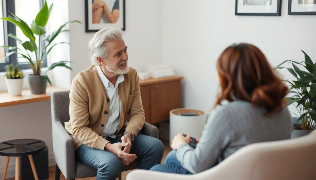 Burn-out coach in gesprek met cliënt na het volgen van een burn out coach cursus Burn-out coach in gesprek met cliënt na het volgen van een burn out coach cursus