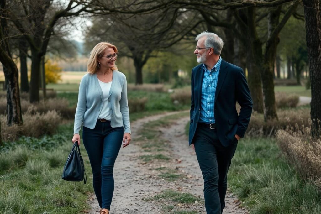Burnoutcoach in Deventer in gesprek met een cliënt tijdens een wandelsessie in de natuur Burnoutcoach in Deventer in gesprek met een cliënt tijdens een wandelsessie in de natuur