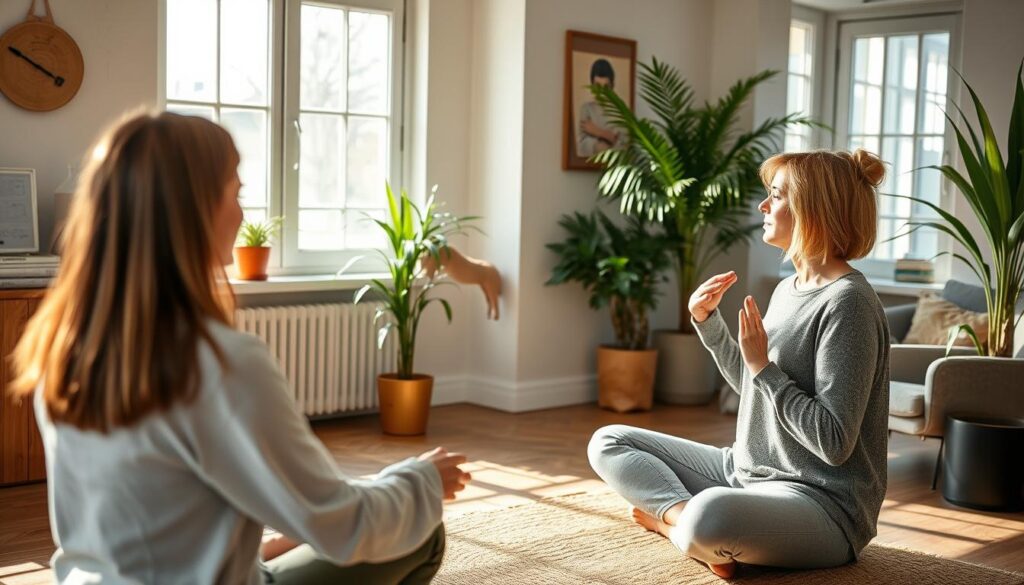 Coach demonstreert mindfulness oefening aan cliënt Coach demonstreert mindfulness oefening aan cliënt