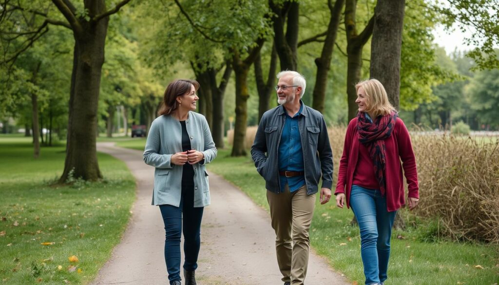 Coach en cliënt tijdens een wandelcoaching sessie in het groene Deventer Coach en cliënt tijdens een wandelcoaching sessie in het groene Deventer