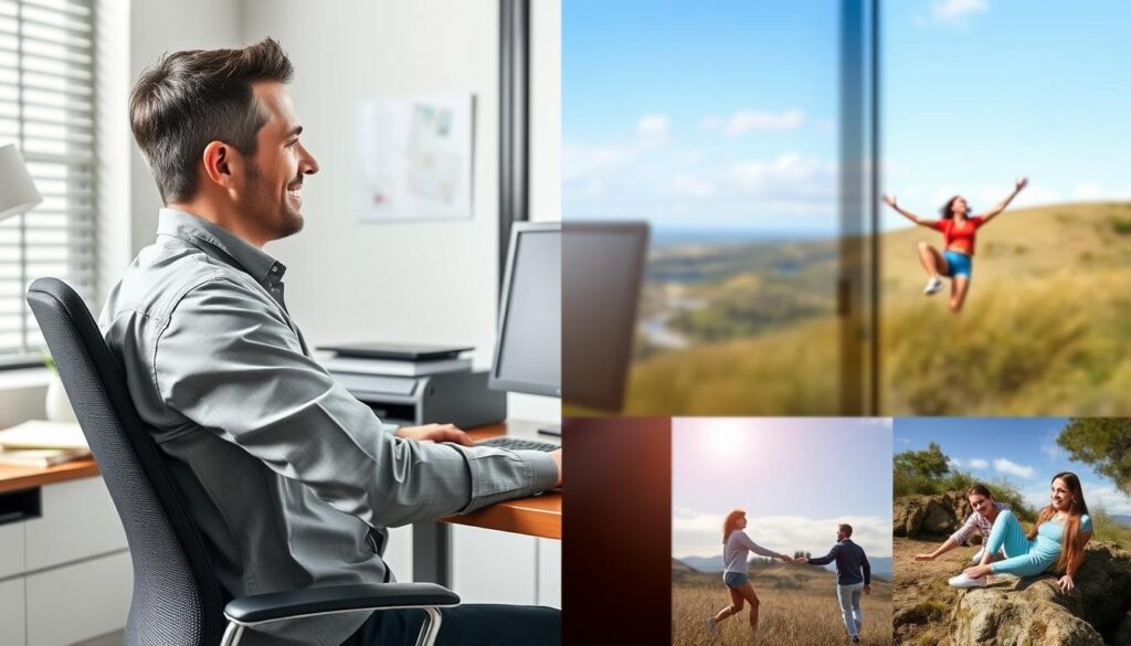 Een persoon die hersteld is van burn-out en nu een gezonde werk-privé balans heeft Een persoon die hersteld is van burn-out en nu een gezonde werk-privé balans heeft