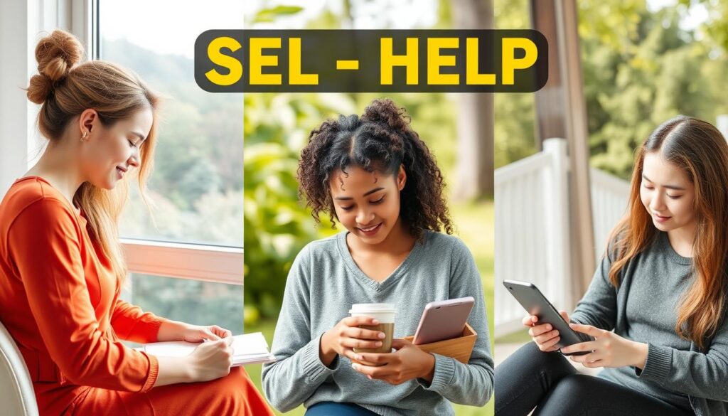 Een persoon past zelfhulptechnieken toe voor stressmanagement in dagelijks leven Een persoon past zelfhulptechnieken toe voor stressmanagement in dagelijks leven