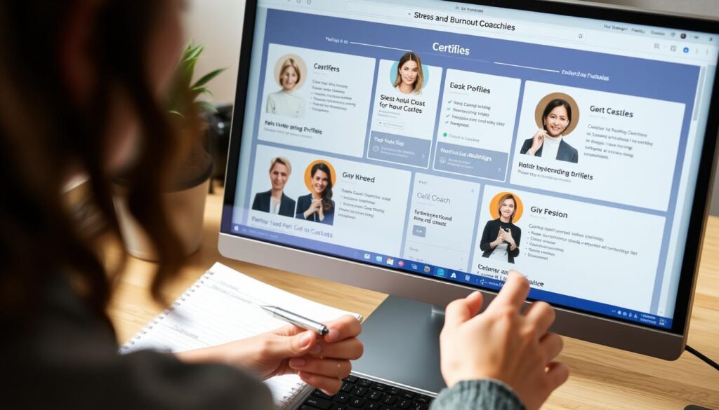 Een persoon vergelijkt verschillende stress en burn out coaches op basis van certificeringen en methoden Een persoon vergelijkt verschillende stress en burn out coaches op basis van certificeringen en methoden