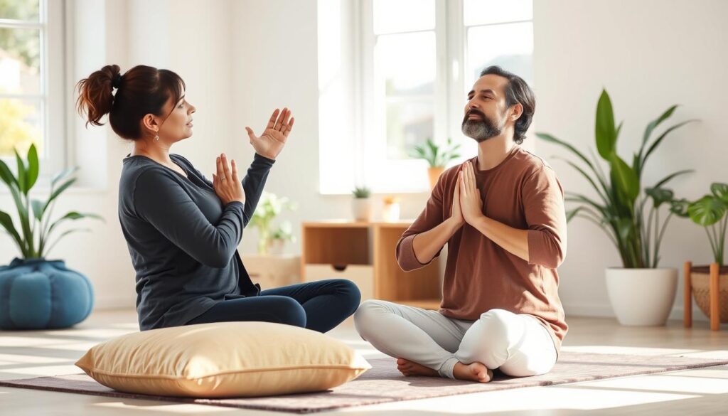 Een stress en burn out coach demonstreert mindfulness oefeningen aan een cliënt Een stress en burn out coach demonstreert mindfulness oefeningen aan een cliënt