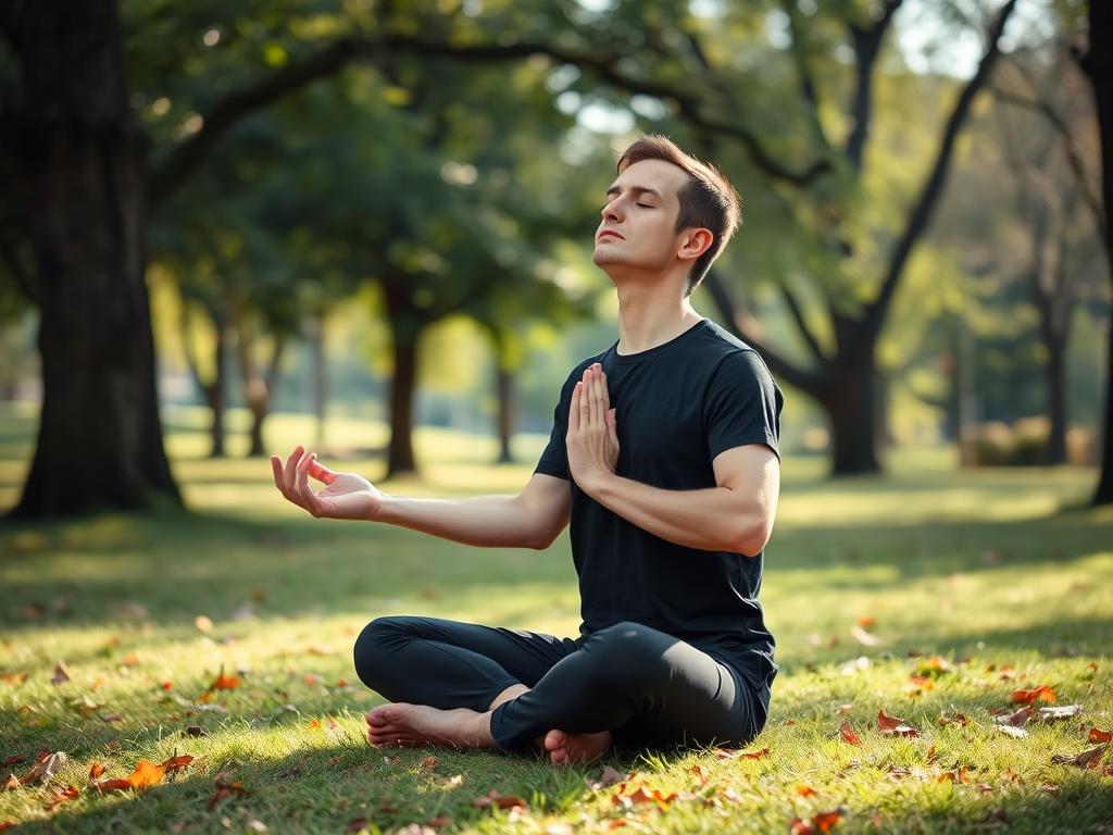 Persoon beoefent mindfulness oefening in een park in Deventer Persoon beoefent mindfulness oefening in een park in Deventer