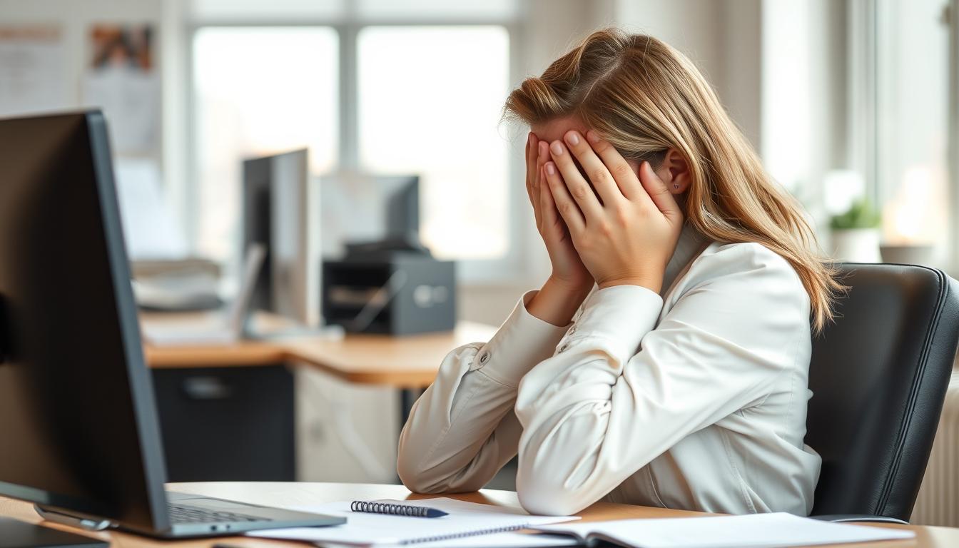 Persoon die tekenen van burn-out vertoont: vermoeid aan bureau met handen voor gezicht