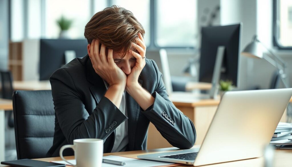 Persoon die tekenen van burn-out vertoont zoals vermoeidheid en stress