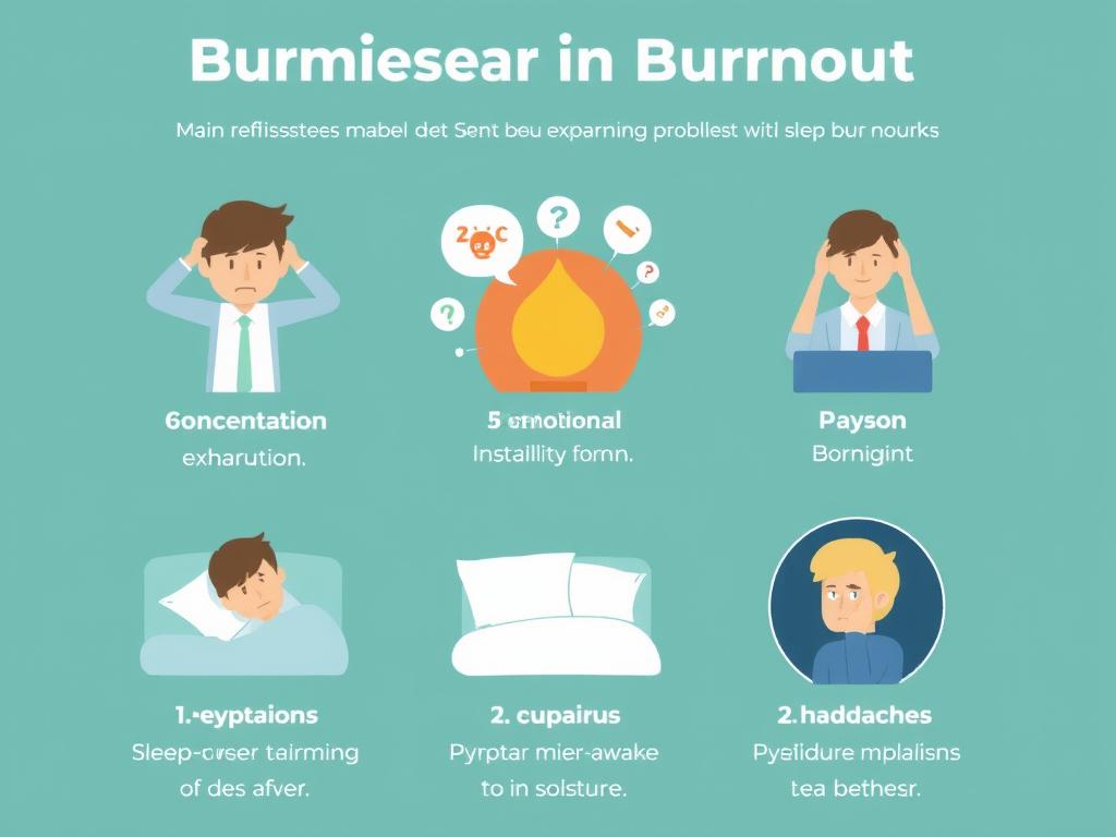Visuele weergave van burn-out symptomen zoals uitputting, concentratieproblemen en emotionele instabiliteit Visuele weergave van burn-out symptomen zoals uitputting, concentratieproblemen en emotionele instabiliteit